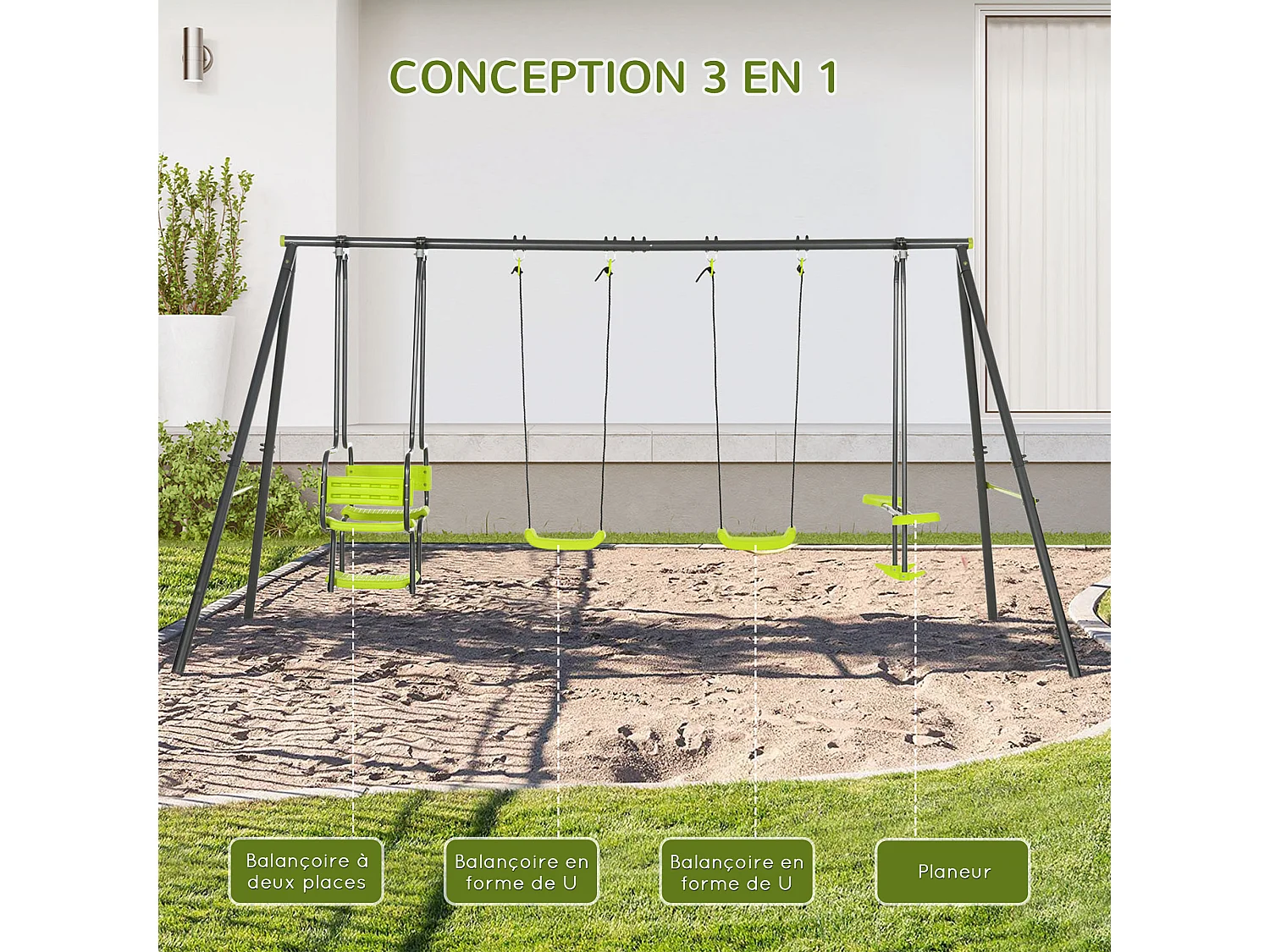 Balançoire 4 agrès portique avec 2 balançoires et 2 face à face dim. 3,55L x 1,84l x 1,86H m acier époxy gris PE vert