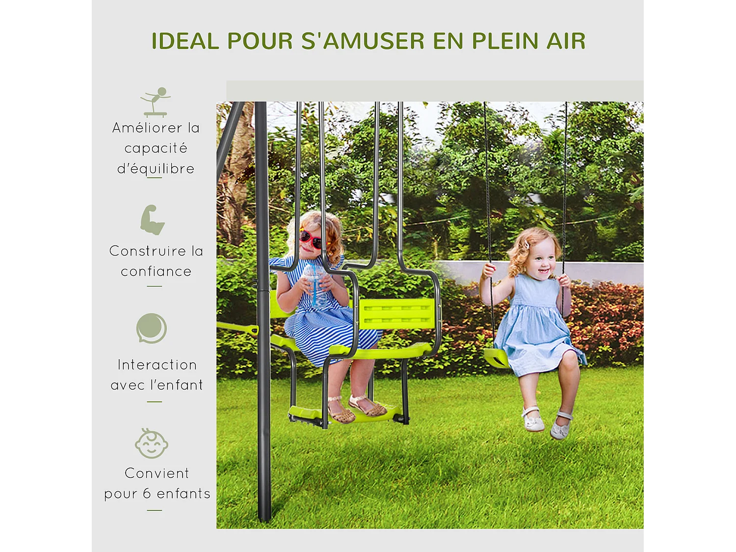 Balançoire 4 agrès portique avec 2 balançoires et 2 face à face dim. 3,55L x 1,84l x 1,86H m acier époxy gris PE vert