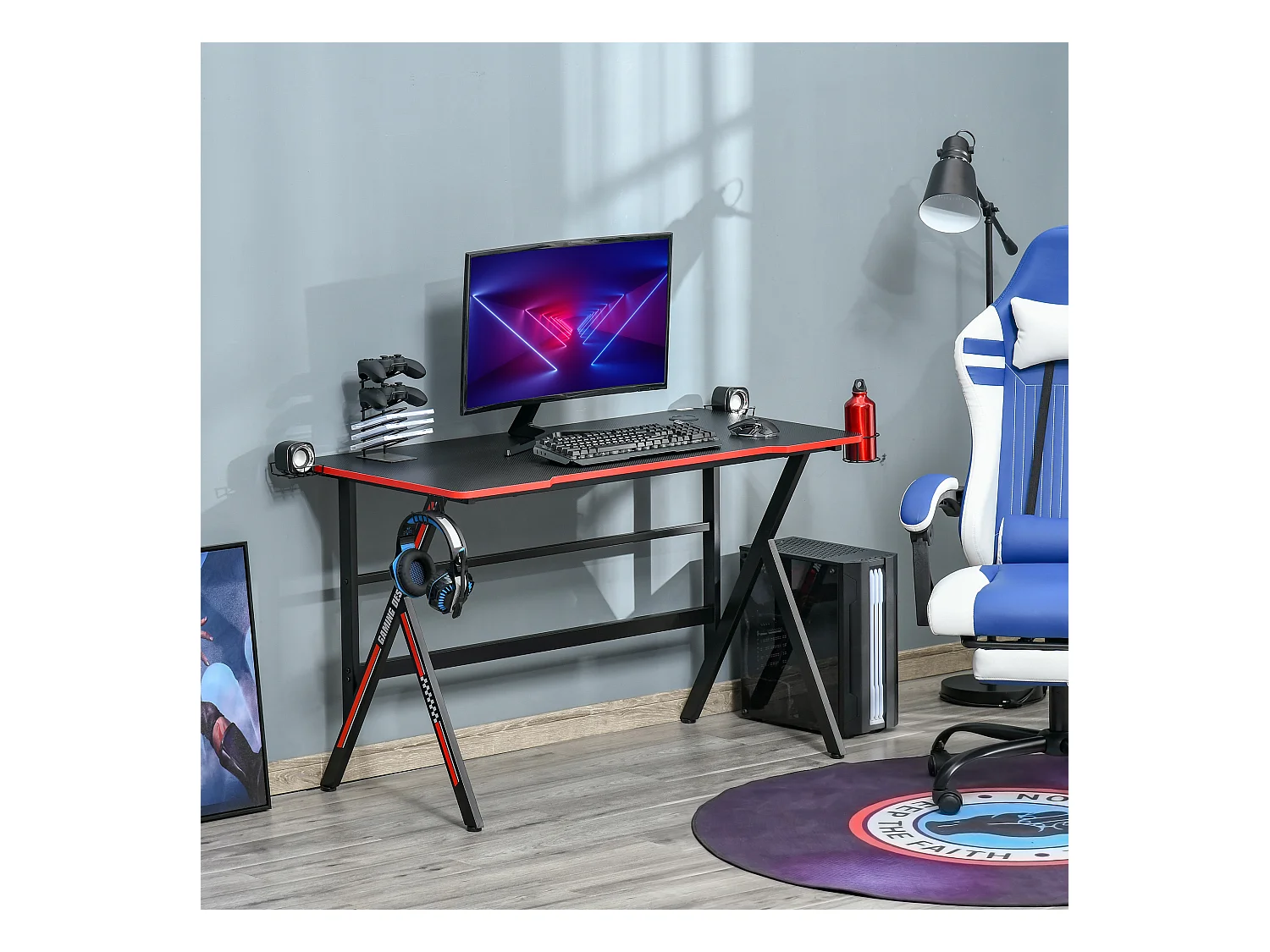 HOMCOM Bureau gaming racing bureau gamer bureau informatique bracket supports casque enceintes porte-gobelet métal plateau MDF texture carbone rouge noir