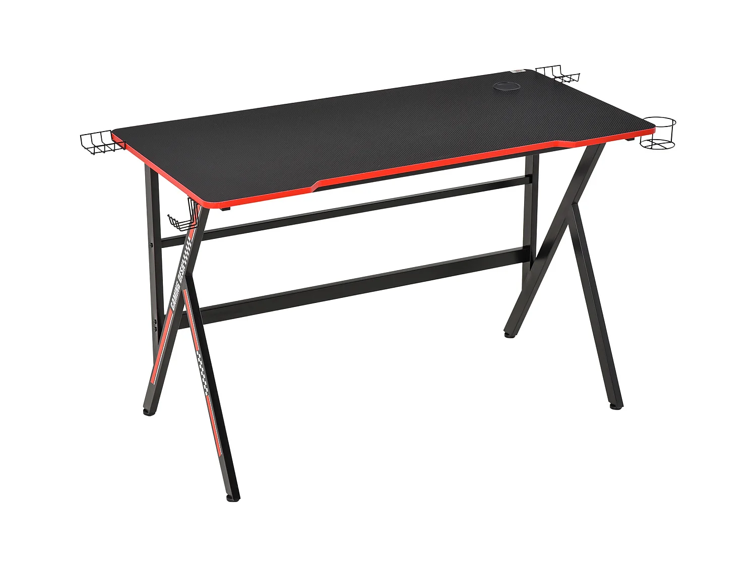 HOMCOM Bureau gaming racing bureau gamer bureau informatique bracket supports casque enceintes porte-gobelet métal plateau MDF texture carbone rouge noir