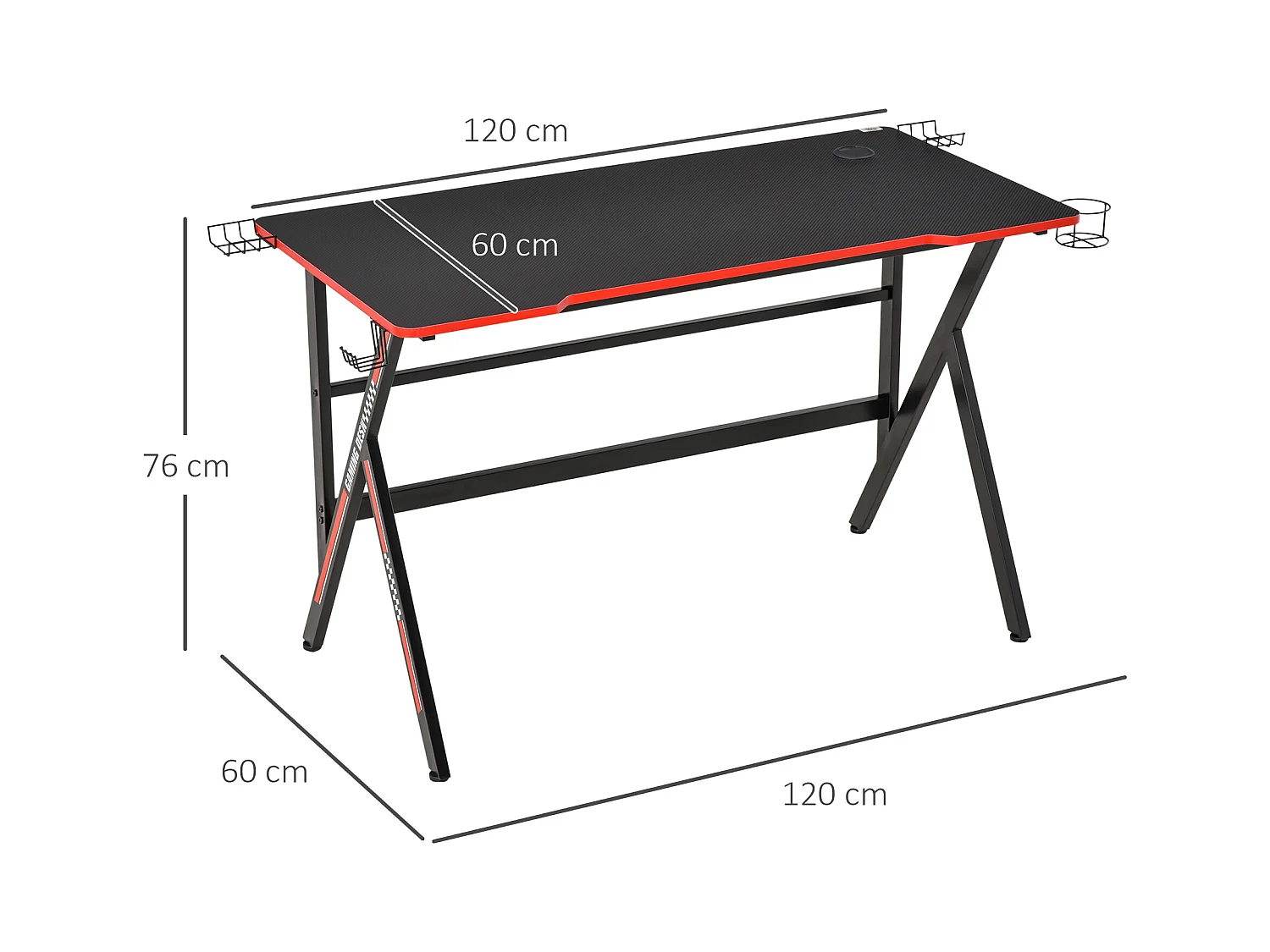 HOMCOM Bureau gaming racing bureau gamer bureau informatique bracket supports casque enceintes porte-gobelet métal plateau MDF texture carbone rouge noir