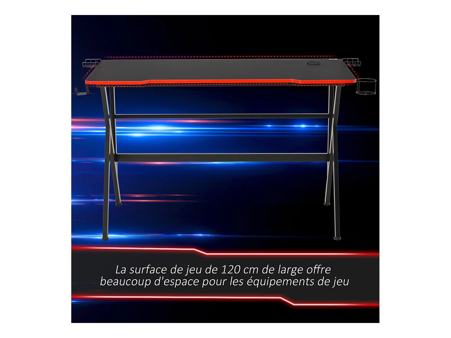 HOMCOM Bureau gaming racing bureau gamer bureau informatique bracket supports casque enceintes porte-gobelet métal plateau MDF texture carbone rouge noir