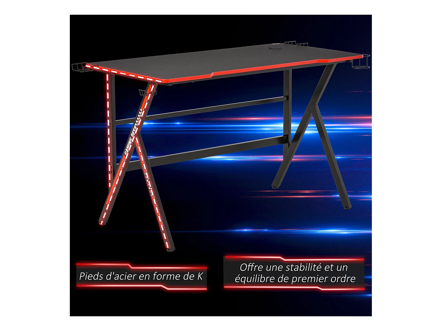 HOMCOM Bureau gaming racing bureau gamer bureau informatique bracket supports casque enceintes porte-gobelet métal plateau MDF texture carbone rouge noir