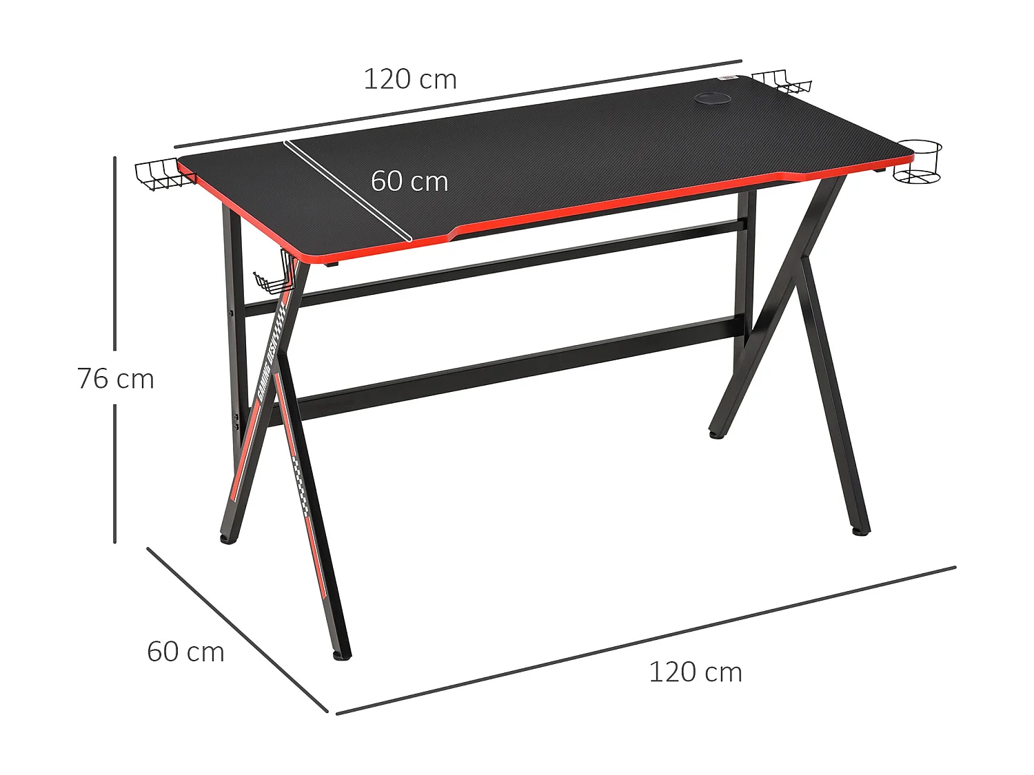HOMCOM Bureau gaming racing bureau gamer bureau informatique bracket supports casque enceintes porte-gobelet métal plateau MDF texture carbone rouge noir