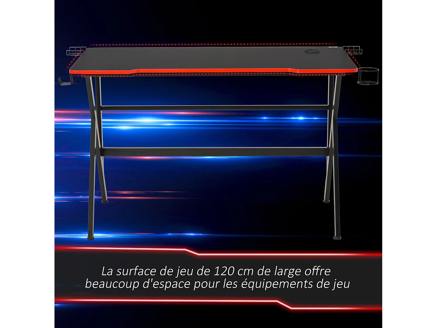 HOMCOM Bureau gaming racing bureau gamer bureau informatique bracket supports casque enceintes porte-gobelet métal plateau MDF texture carbone rouge noir