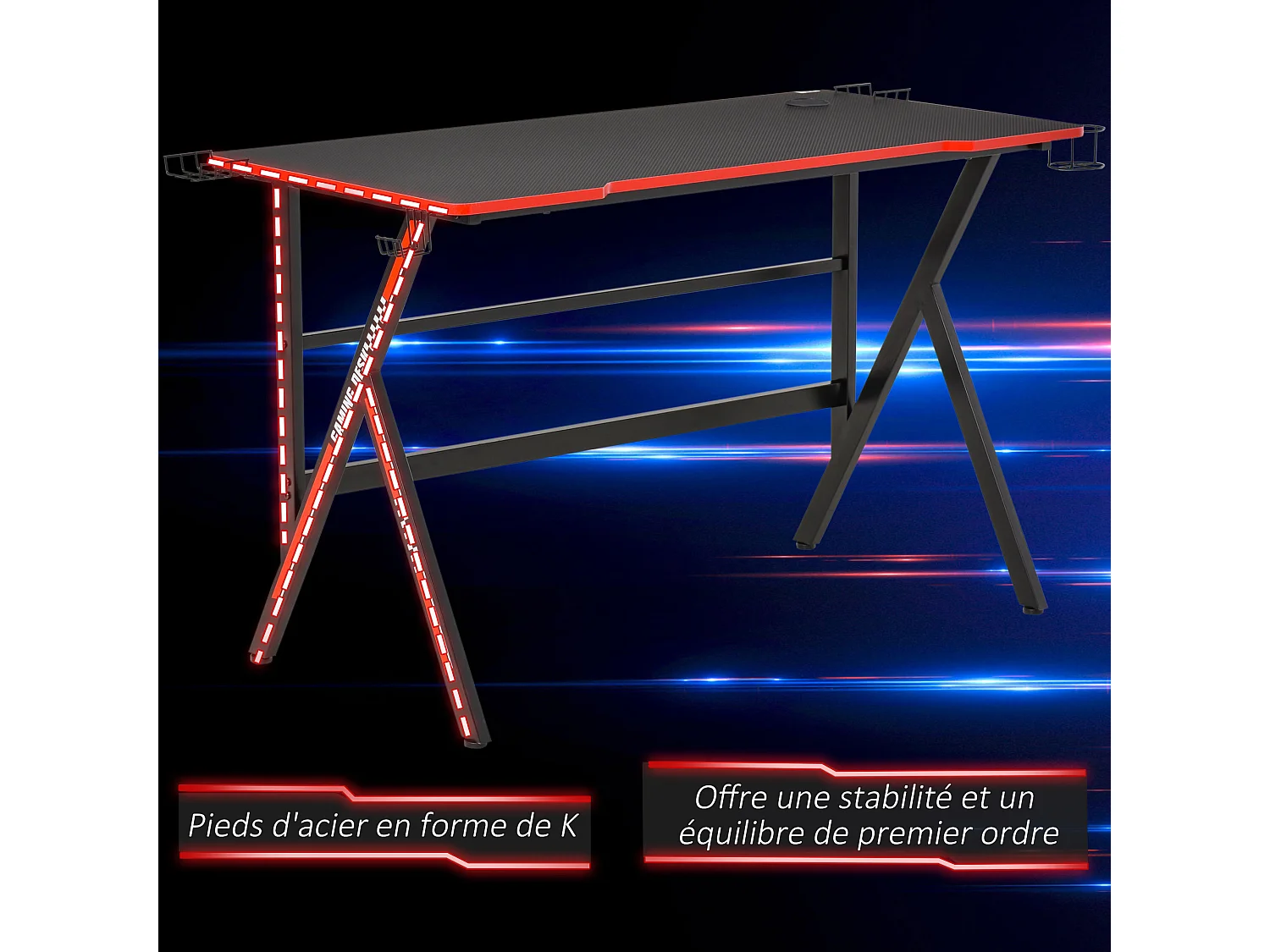 HOMCOM Bureau gaming racing bureau gamer bureau informatique bracket supports casque enceintes porte-gobelet métal plateau MDF texture carbone rouge noir