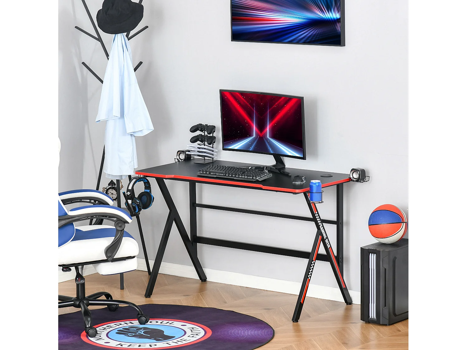 Bureau gaming racing bracket supports casque enceintes porte-gobelet métal plateau texture carbone