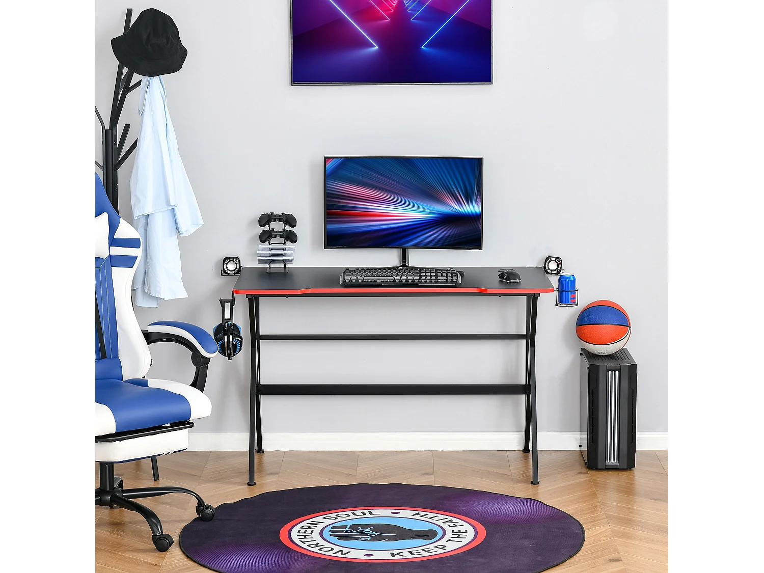 Bureau gaming racing bracket supports casque enceintes porte-gobelet métal plateau texture carbone