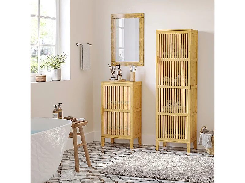 Buffet rangement porte 4 niveaux 3 étagères façade à lattes bois de bambou verni