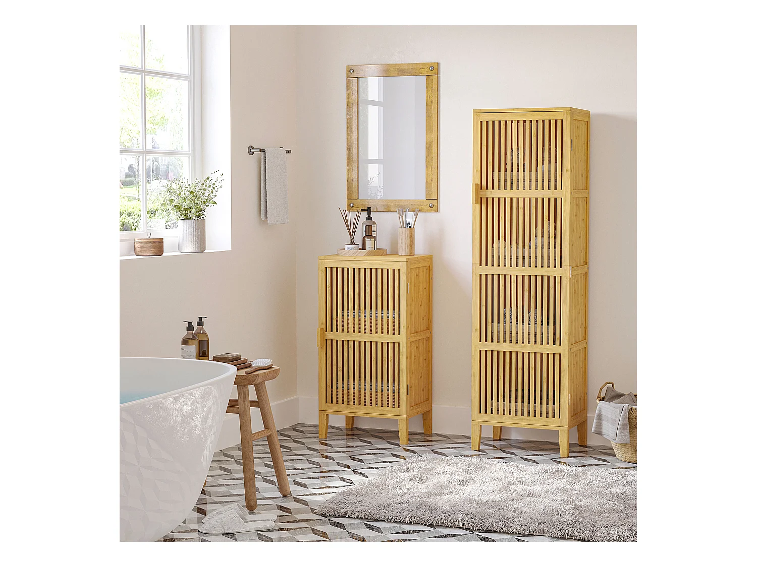 Buffet rangement porte 4 niveaux 3 étagères façade à lattes bois de bambou verni