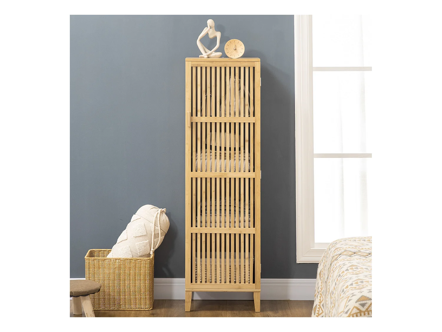 Buffet rangement porte 4 niveaux 3 étagères façade à lattes bois de bambou verni