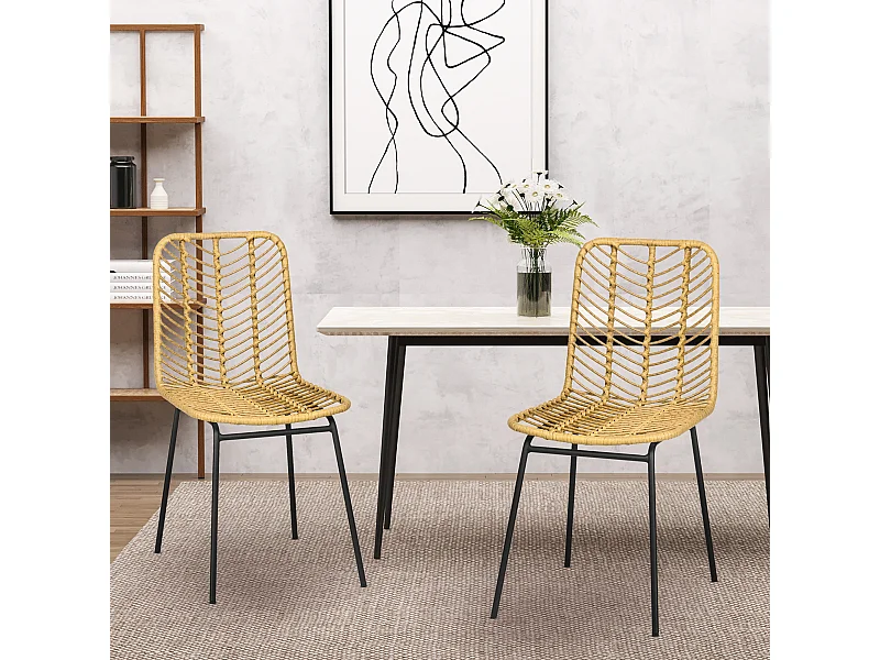 Lot de 2 chaises de jardin style colonial piètement acier noir résine tressée aspect rotin