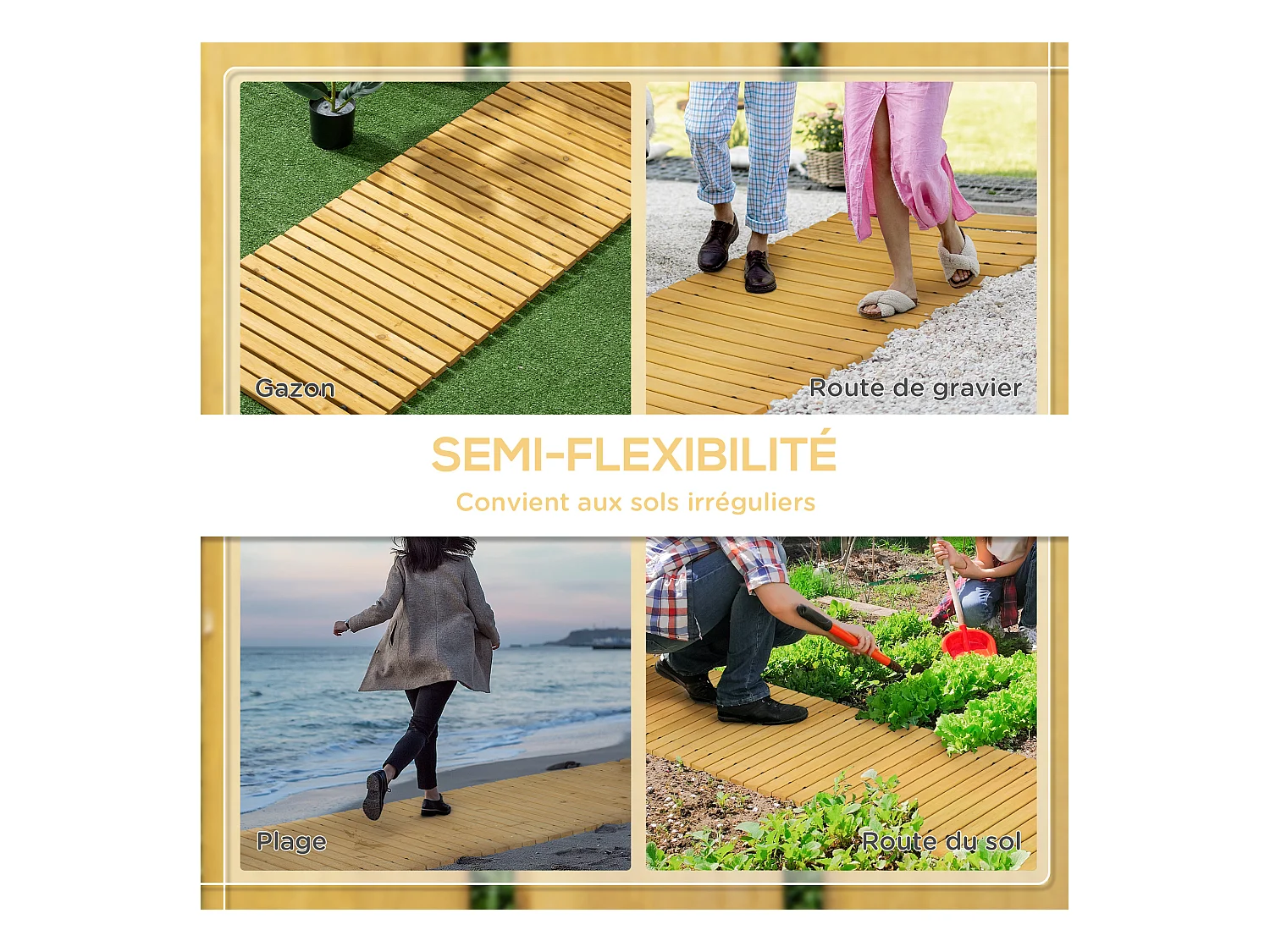 Allée chemin de jardin en lattes de bois enroulable - dim. 185L x 60l x 1,9H cm - bois de sapin pré-huilé