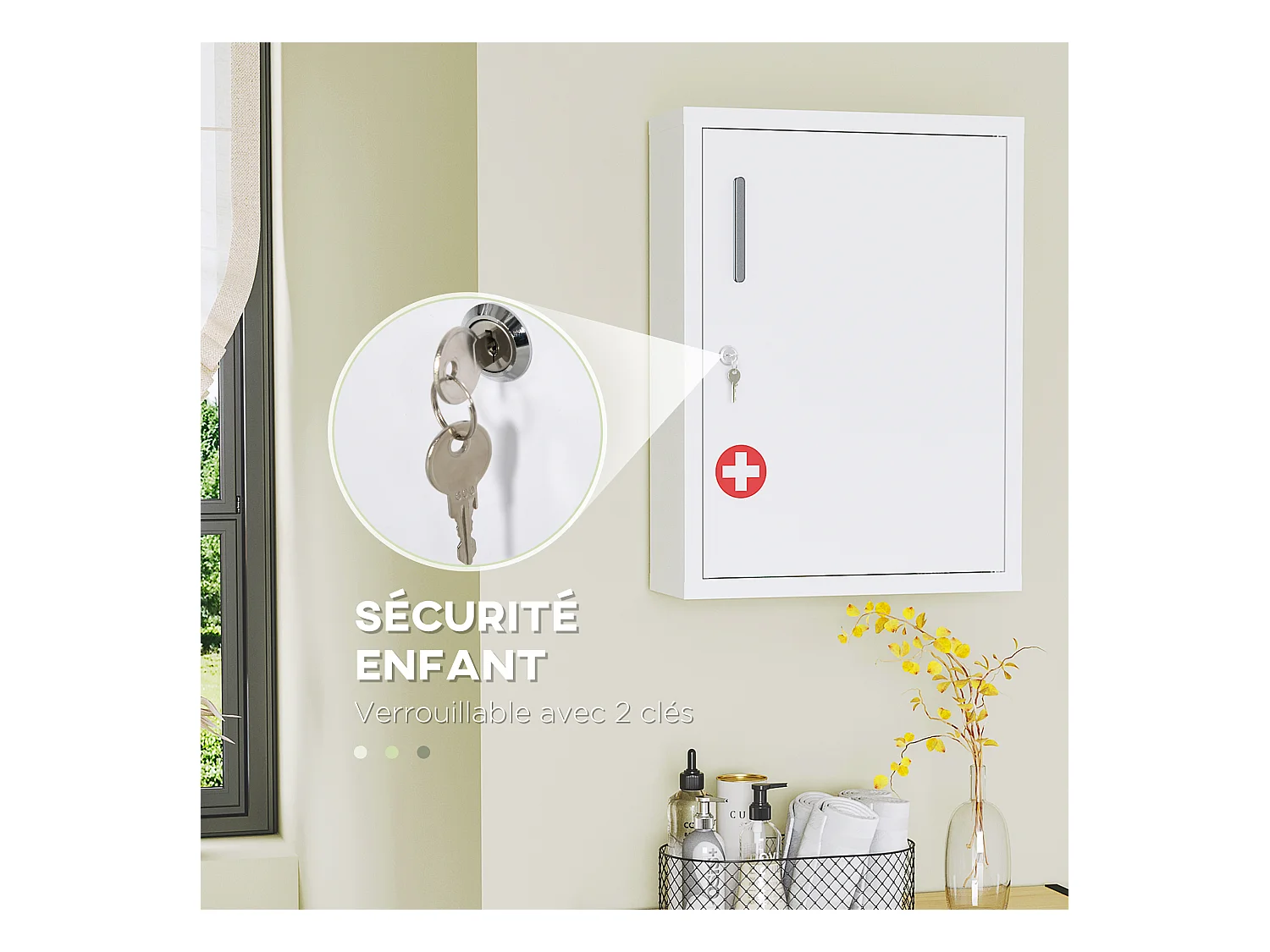 Armoire à pharmacie 2 étagères 3 niv. verrouillables dim. 40L x 15l x 53H cm 2 clés logo croix acier blanc