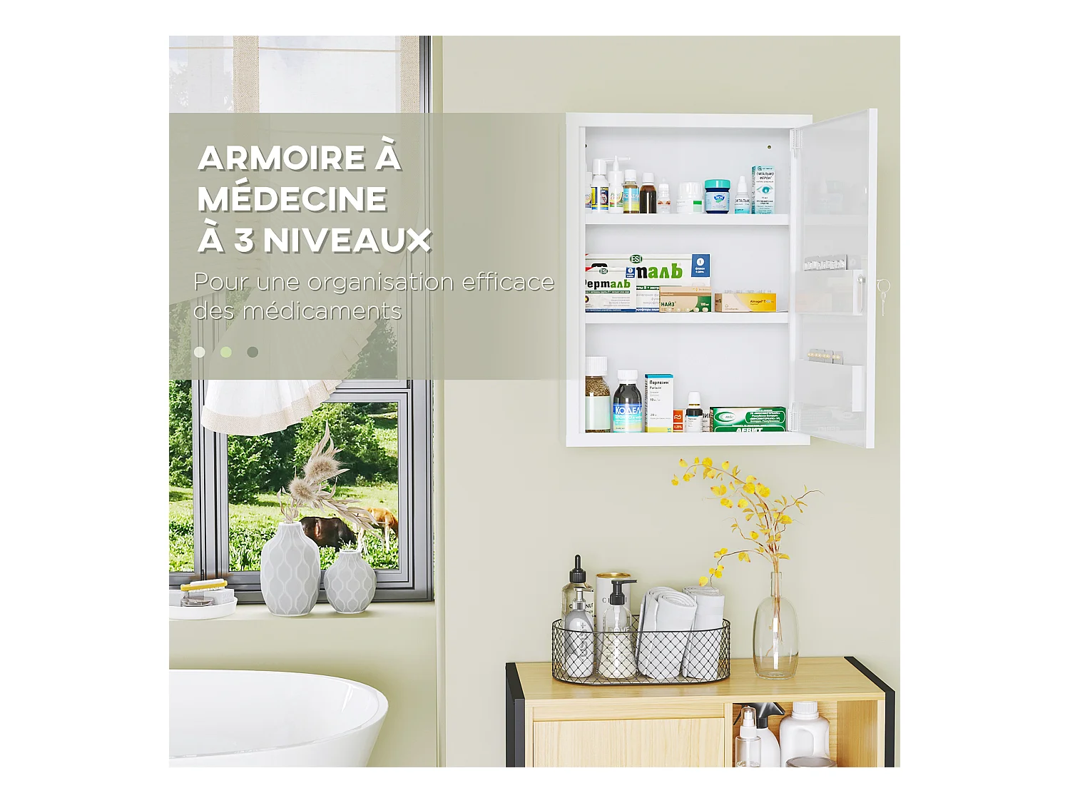 Armoire à pharmacie 2 étagères 3 niv. verrouillables dim. 40L x 15l x 53H cm 2 clés logo croix acier blanc