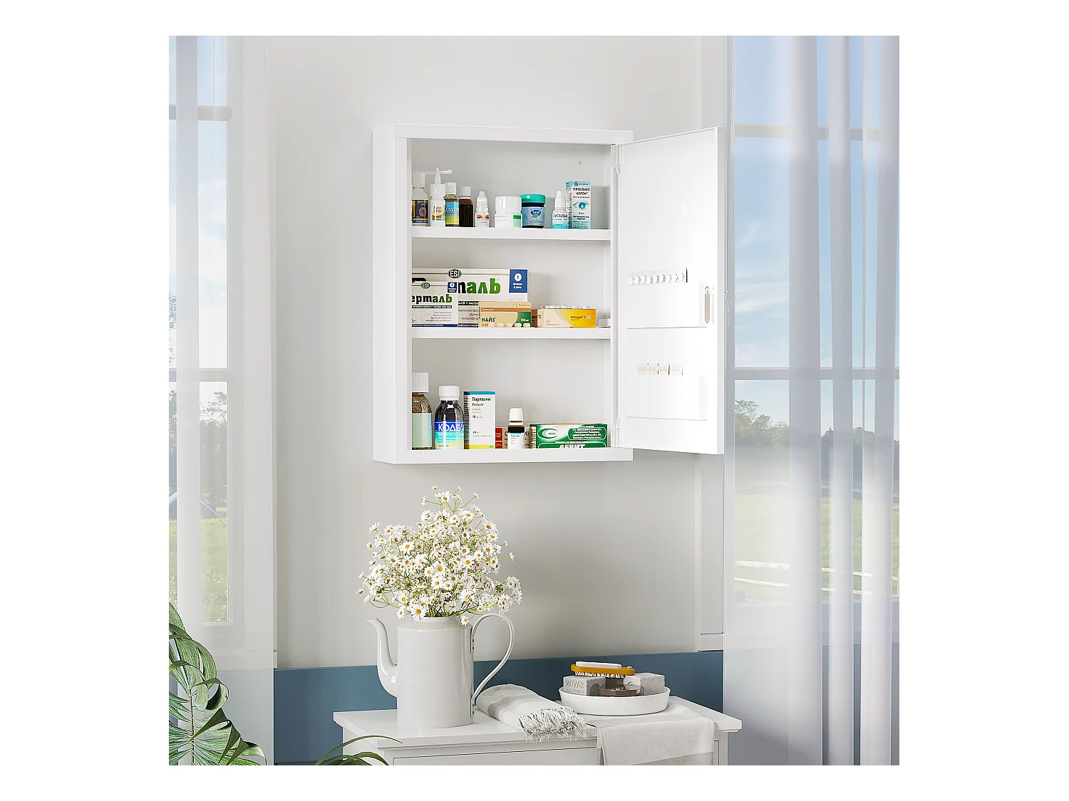 Armoire à pharmacie 2 étagères 3 niv. verrouillables dim. 40L x 15l x 53H cm 2 clés logo croix acier blanc