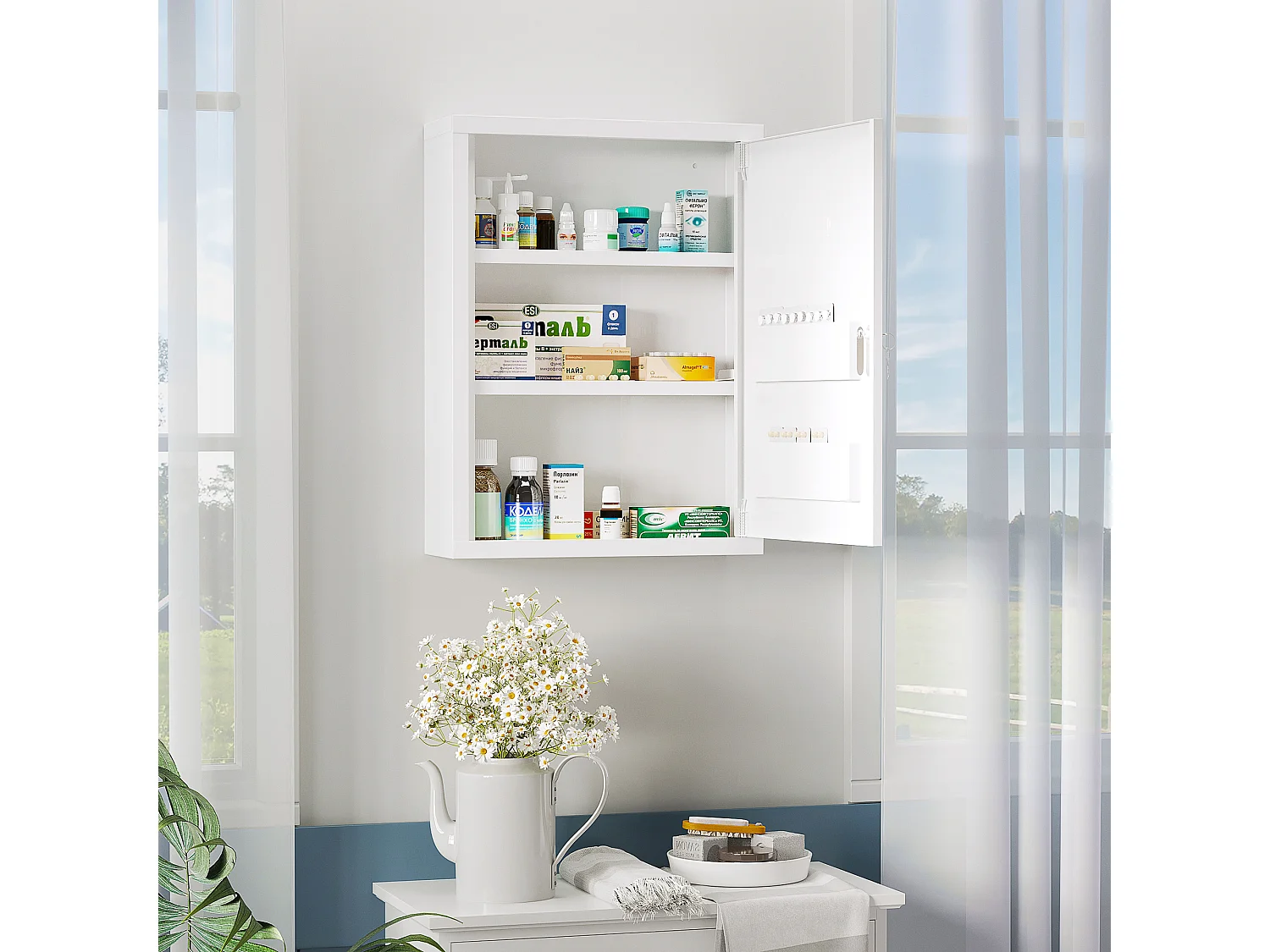 Armoire à pharmacie 2 étagères 3 niv. verrouillables dim. 40L x 15l x 53H cm 2 clés logo croix acier blanc