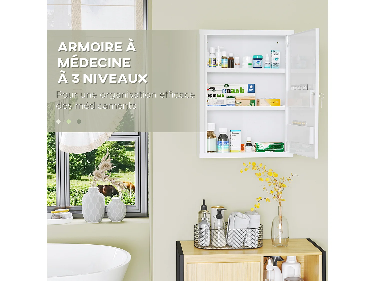 Armoire à pharmacie 2 étagères 3 niv. verrouillables dim. 40L x 15l x 53H cm 2 clés logo croix acier blanc