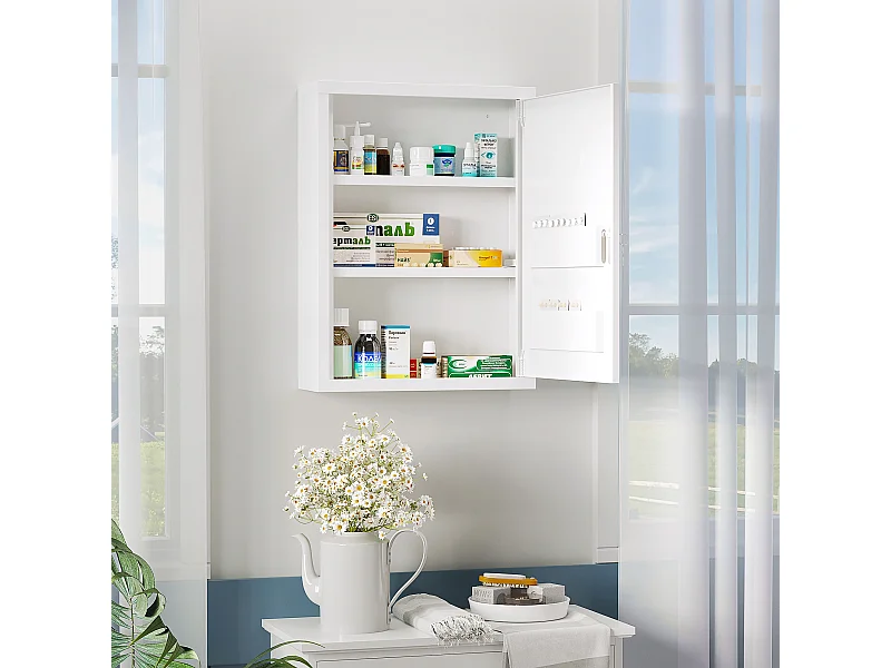 Armoire à pharmacie 2 étagères 3 niv. verrouillables dim. 40L x 15l x 53H cm 2 clés logo croix acier blanc