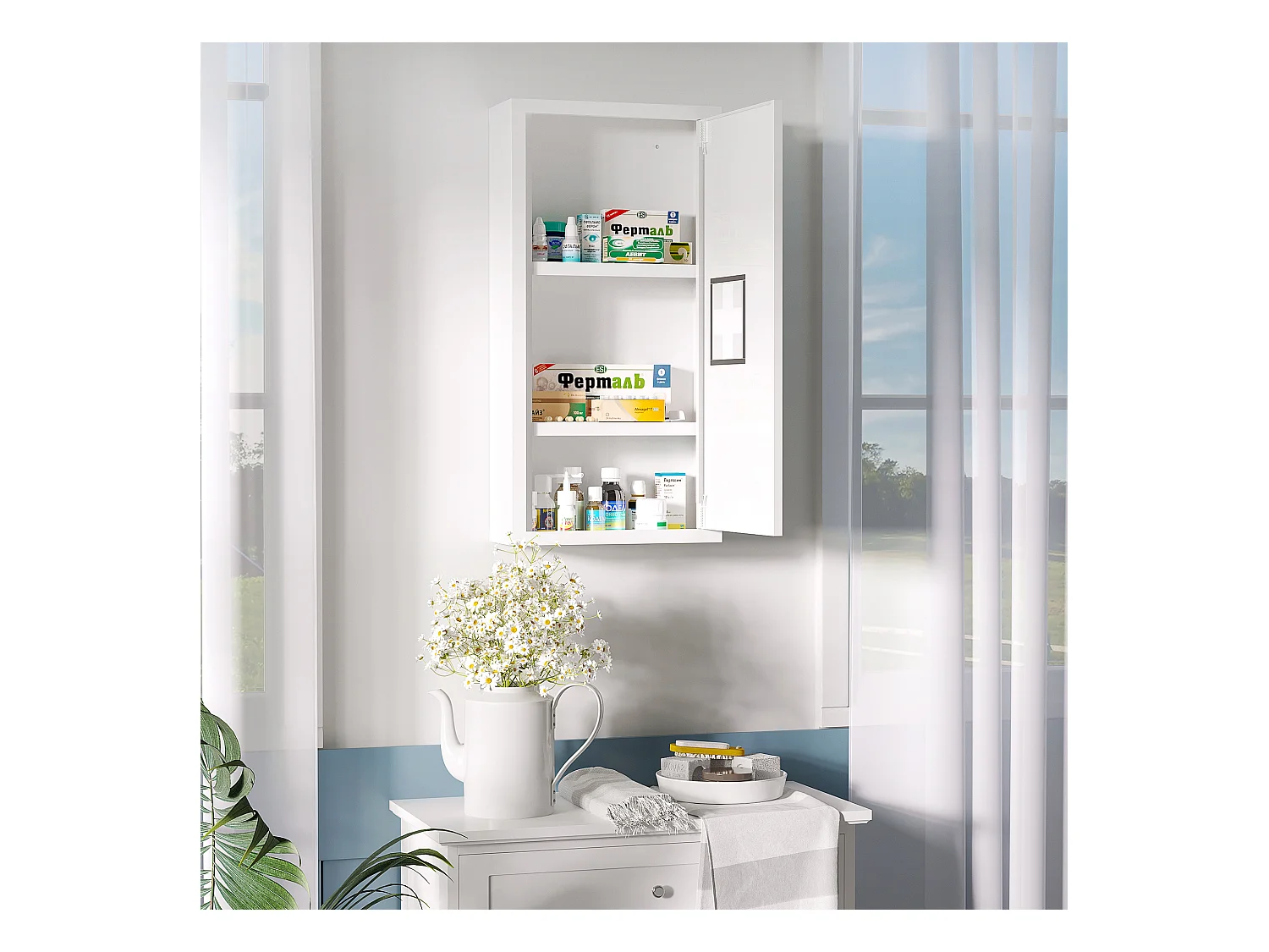 Armoire à pharmacie 2 étagères 3 niveaux dim. 30L x 12l x 60H cm logo croix transparent acier blanc