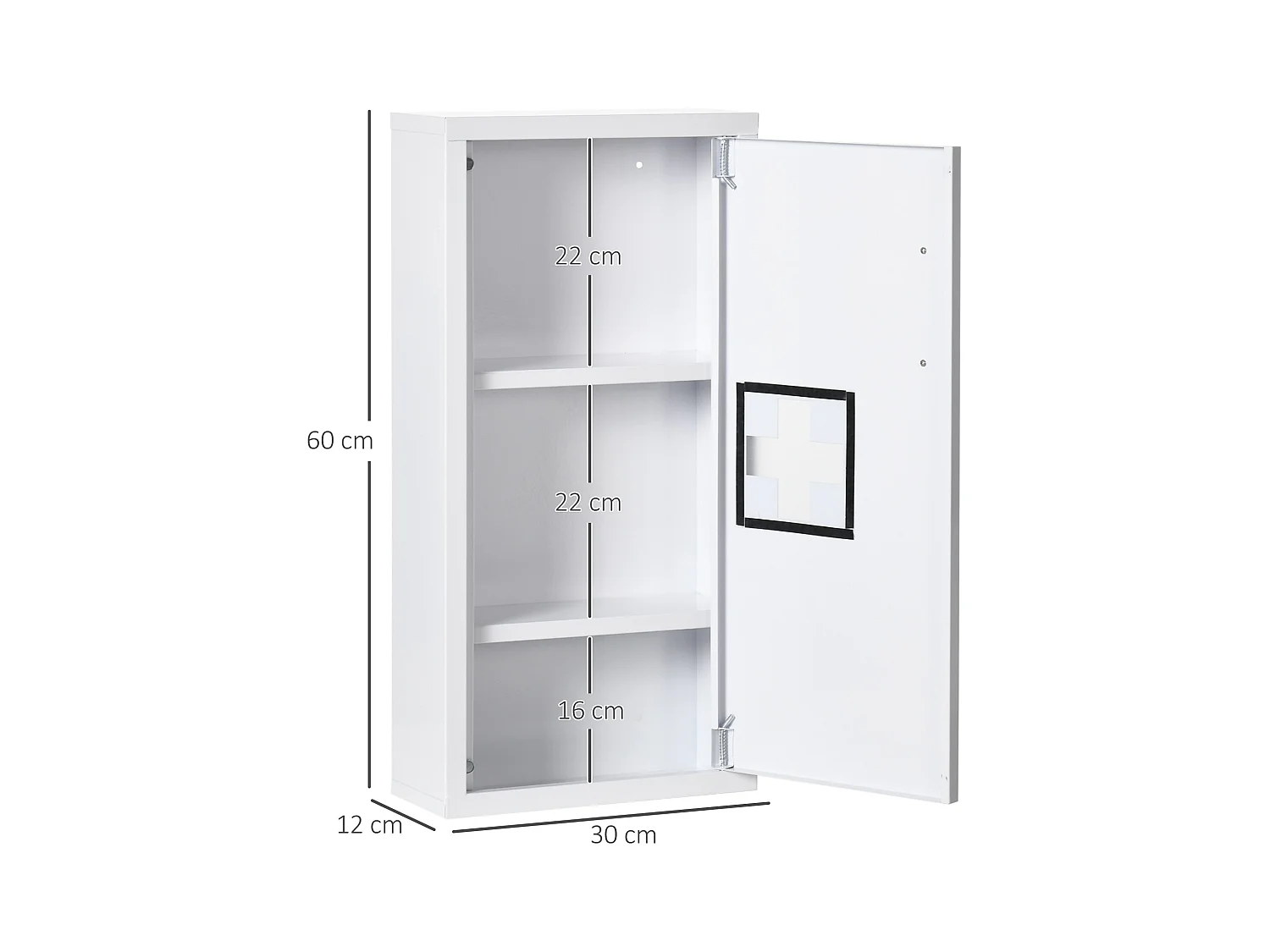 Armoire à pharmacie 2 étagères 3 niveaux dim. 30L x 12l x 60H cm logo croix transparent acier blanc