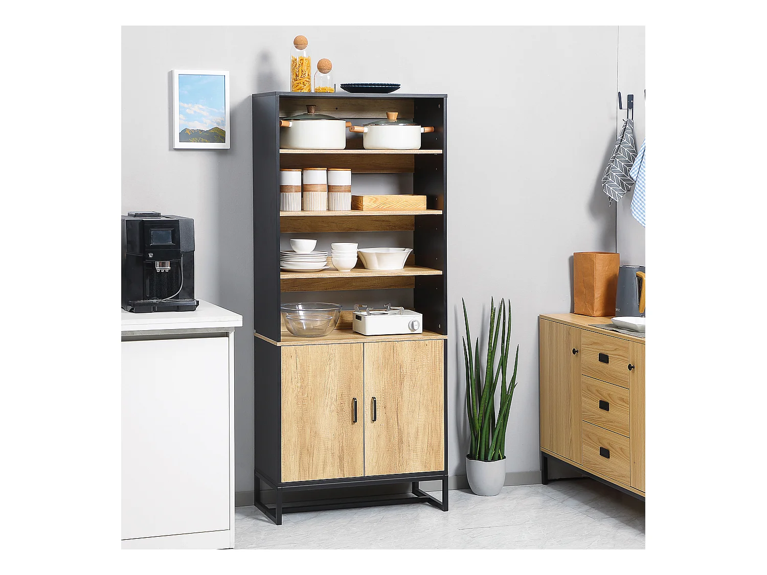 Buffet haut multi-rangement 2 portes total 5 étagères piètement acier noir panneaux aspect bois clair