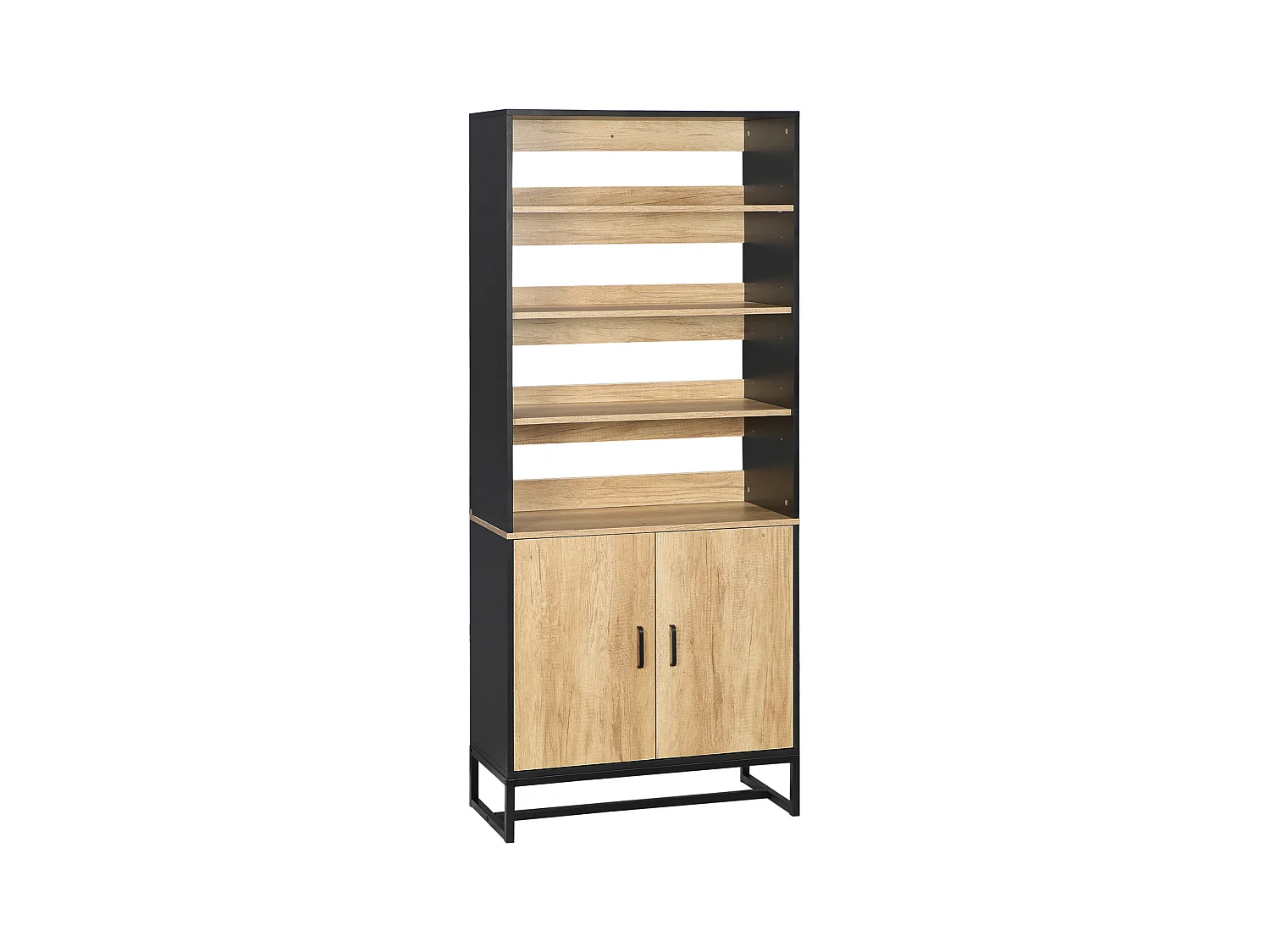 Buffet haut multi-rangement 2 portes total 5 étagères piètement acier noir panneaux aspect bois clair