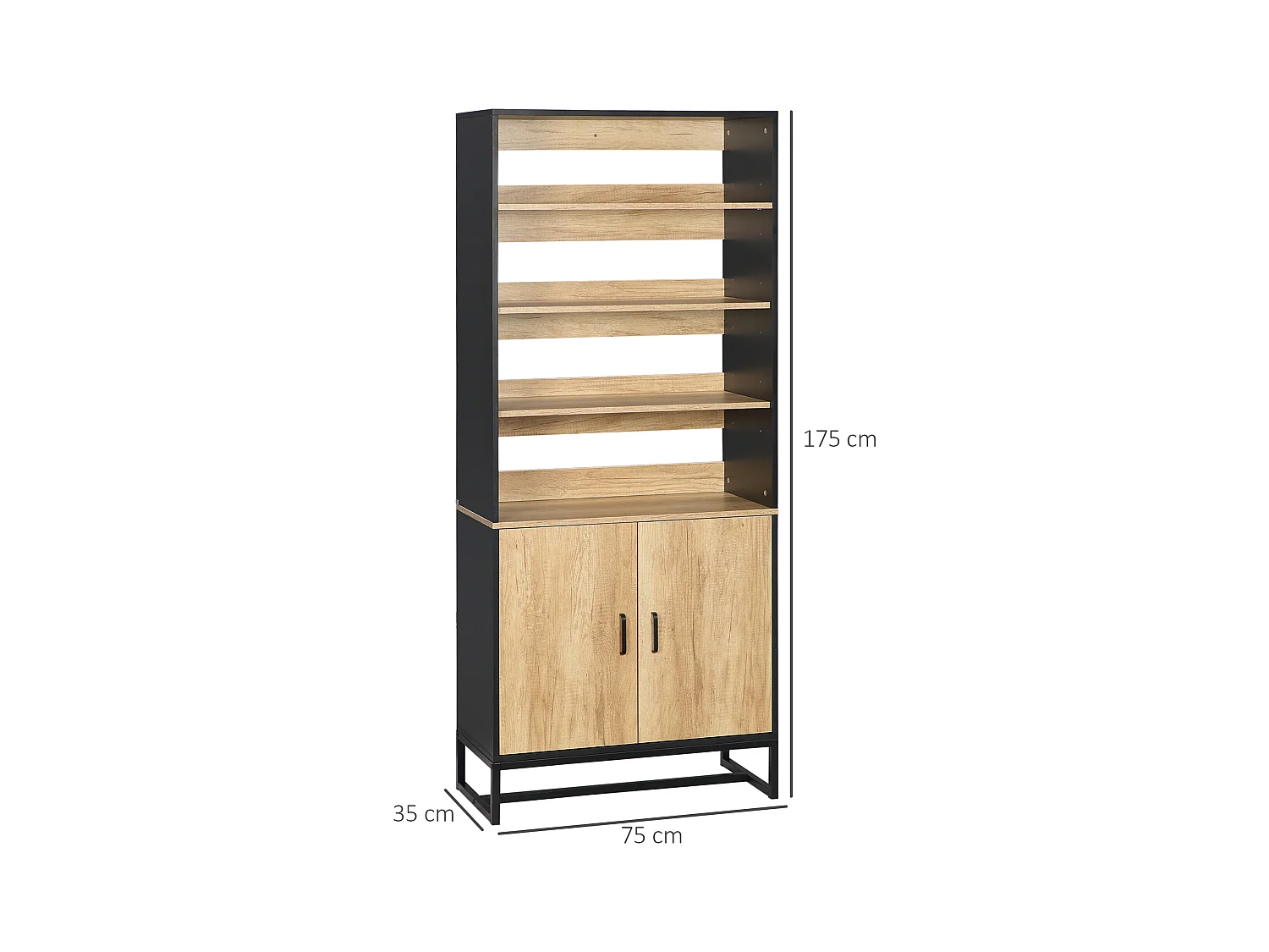 Buffet haut multi-rangement 2 portes total 5 étagères piètement acier noir panneaux aspect bois clair