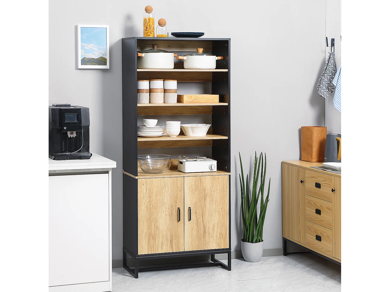 Buffet haut multi-rangement 2 portes total 5 étagères piètement acier noir panneaux aspect bois clair