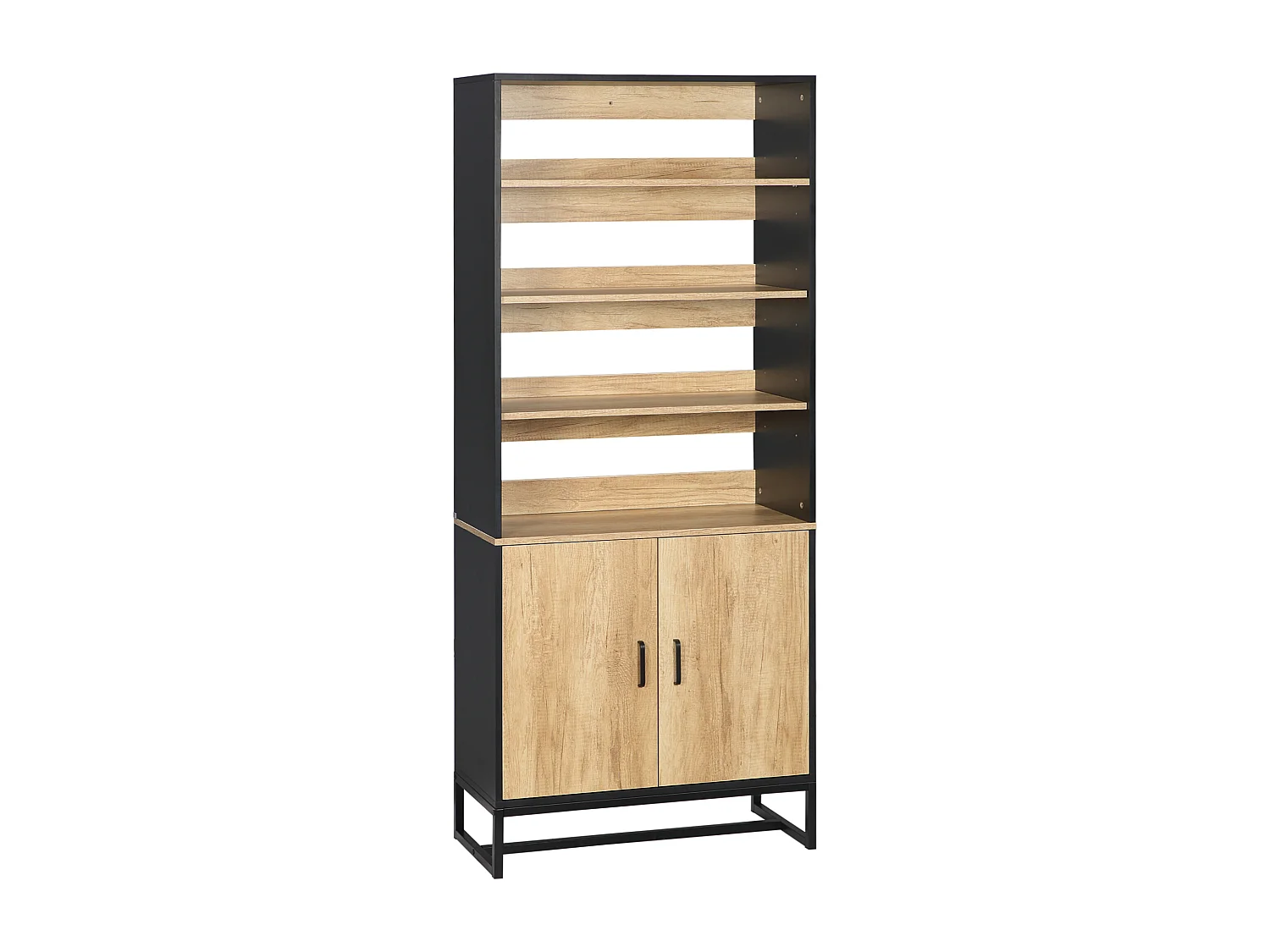 Buffet haut multi-rangement 2 portes total 5 étagères piètement acier noir panneaux aspect bois clair