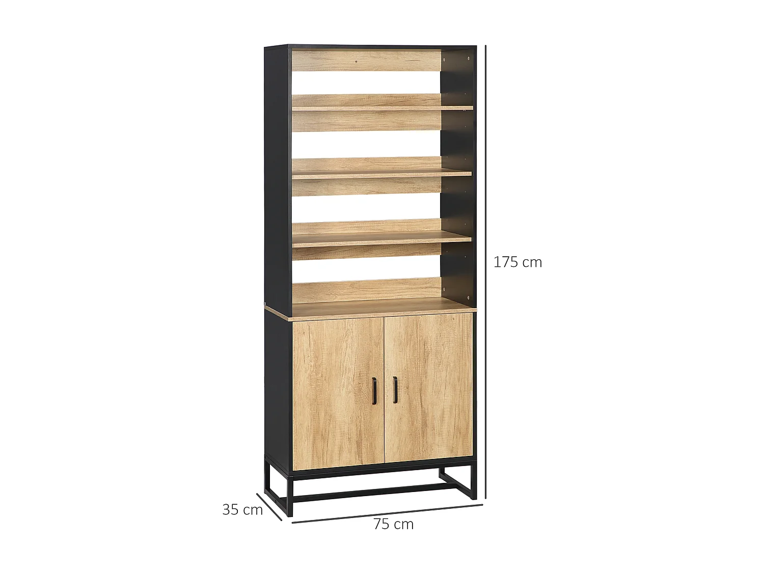 Buffet haut multi-rangement 2 portes total 5 étagères piètement acier noir panneaux aspect bois clair