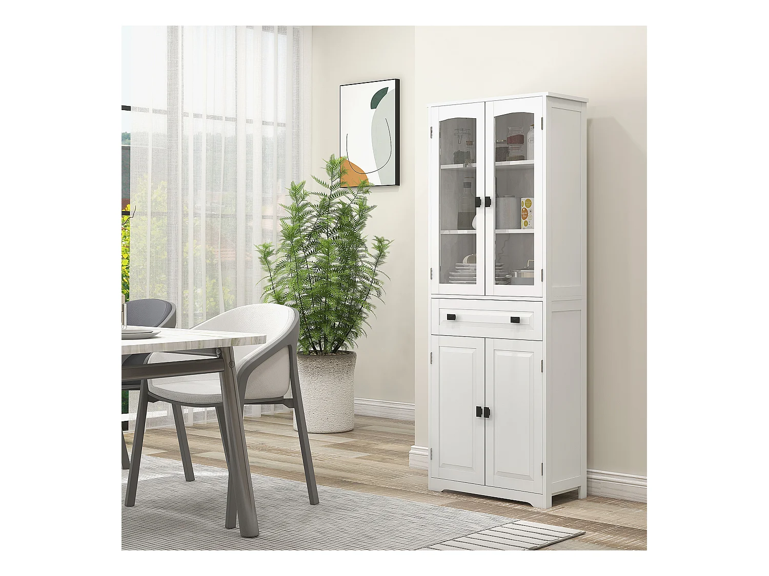 Armoire de cuisine buffet haut 4 portes 3 étagères tiroir verre trempé panneaux MDF blanc