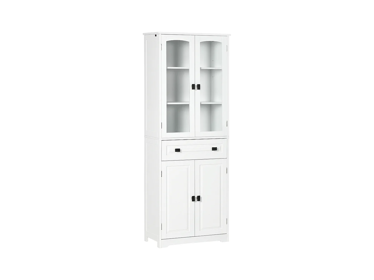 Armoire de cuisine buffet haut 4 portes 3 étagères tiroir verre trempé panneaux MDF blanc