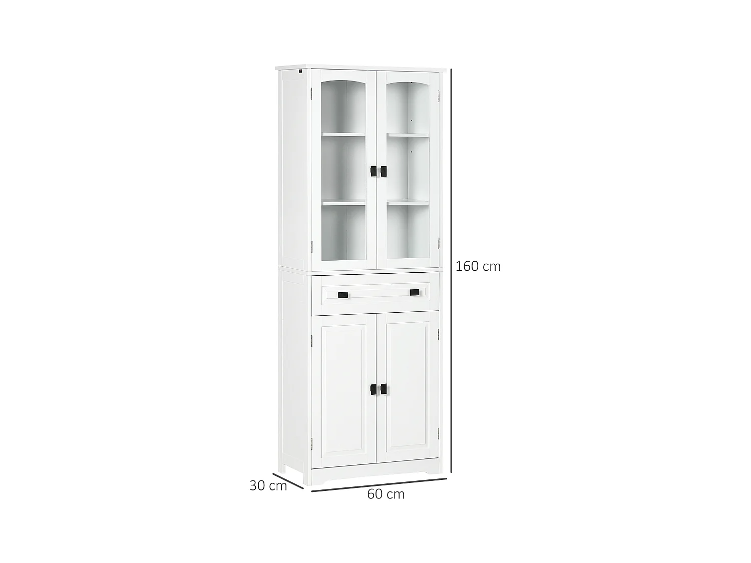 Armoire de cuisine buffet haut 4 portes 3 étagères tiroir verre trempé panneaux MDF blanc