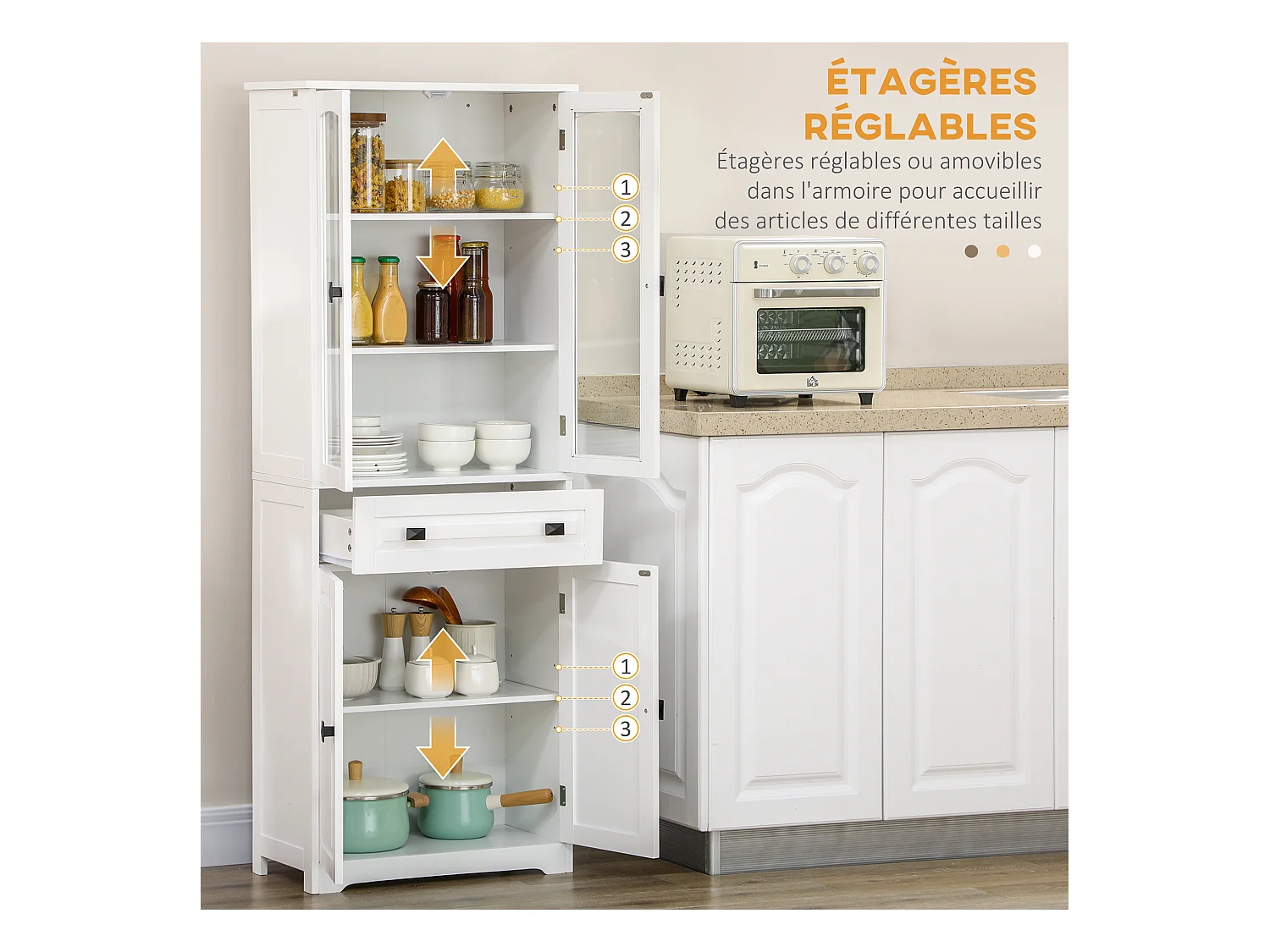 Armoire de cuisine buffet haut 4 portes 3 étagères tiroir verre trempé panneaux MDF blanc