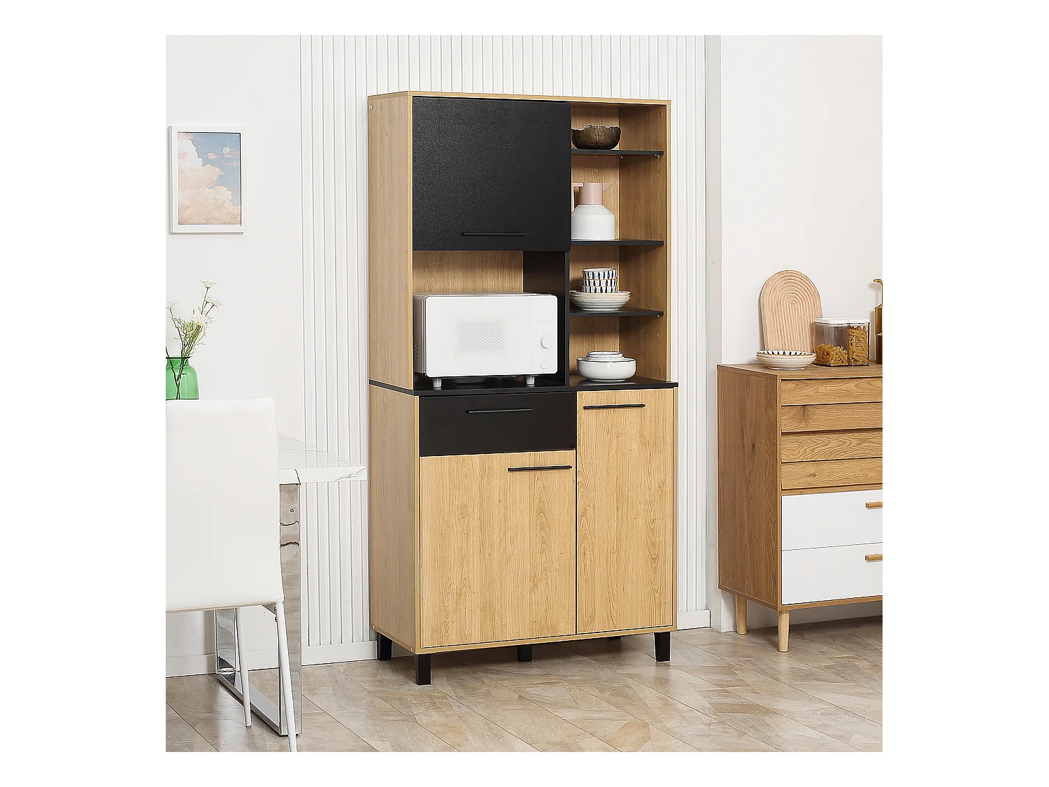 Buffet haut multi-rangement 3 portes tiroir 5 niches bicolore aspect bois clair noir