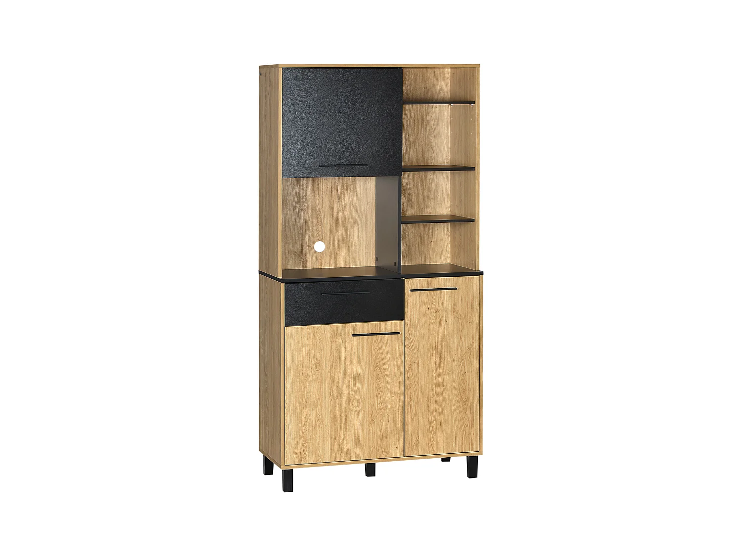 Buffet haut multi-rangement 3 portes tiroir 5 niches bicolore aspect bois clair noir