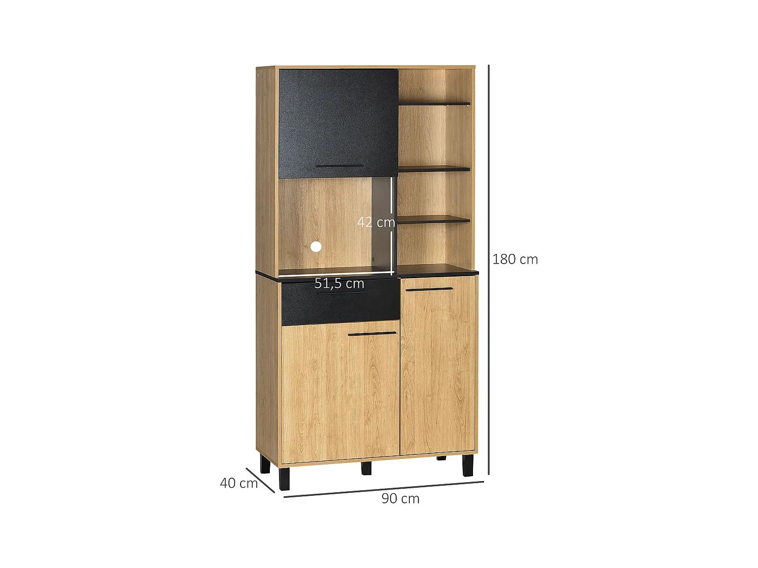Buffet haut multi-rangement 3 portes tiroir 5 niches bicolore aspect bois clair noir