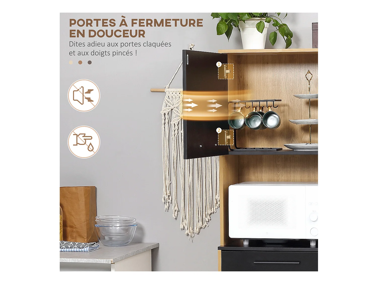Buffet haut multi-rangement 3 portes tiroir 5 niches bicolore aspect bois clair noir