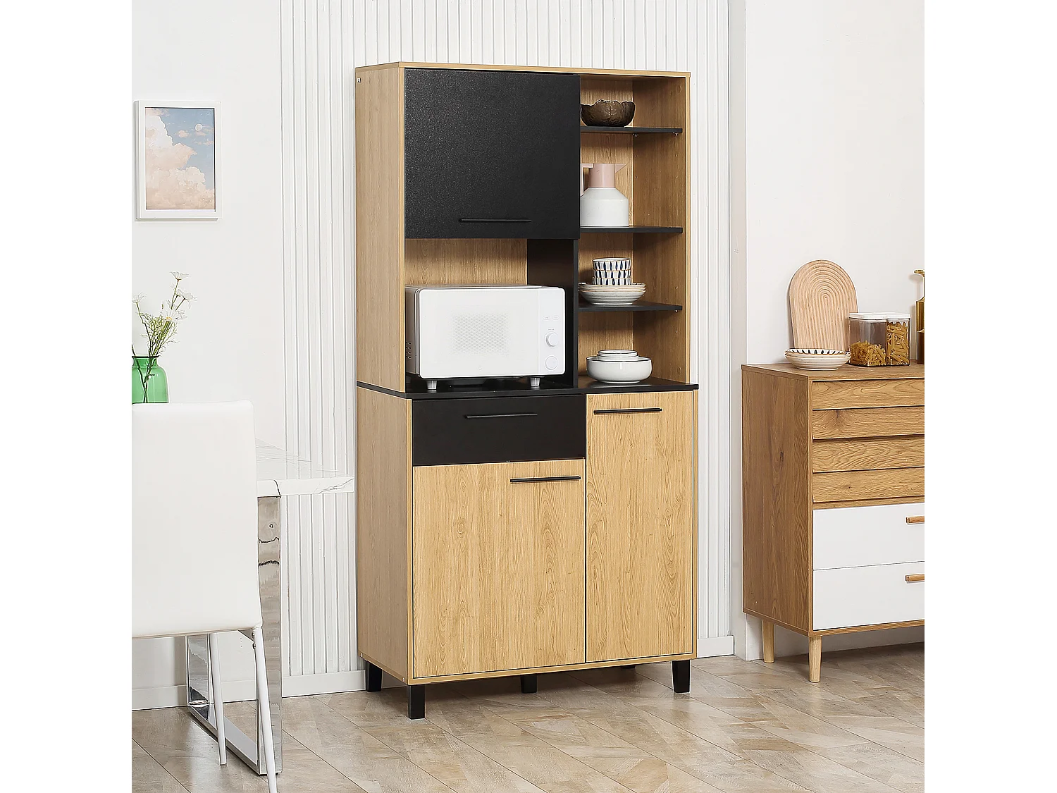 Buffet haut multi-rangement 3 portes tiroir 5 niches bicolore aspect bois clair noir