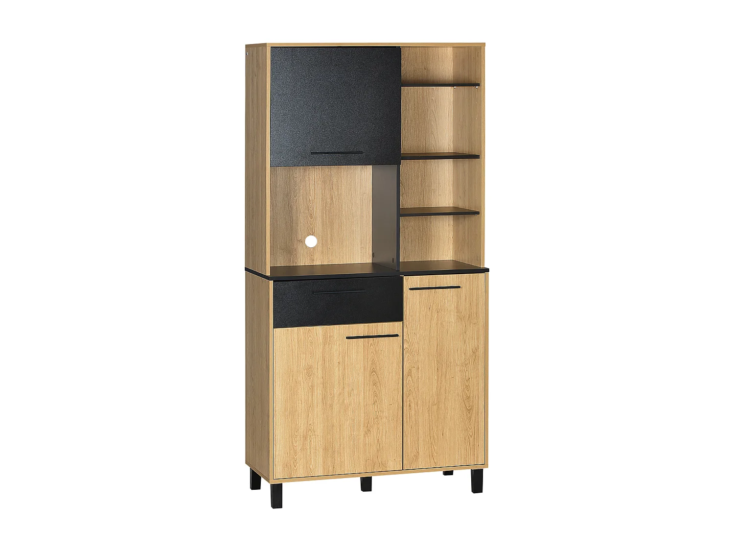 Buffet haut multi-rangement 3 portes tiroir 5 niches bicolore aspect bois clair noir