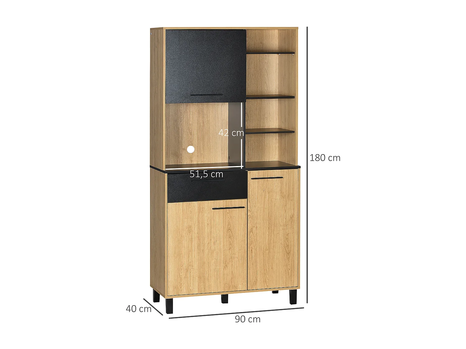 Buffet haut multi-rangement 3 portes tiroir 5 niches bicolore aspect bois clair noir