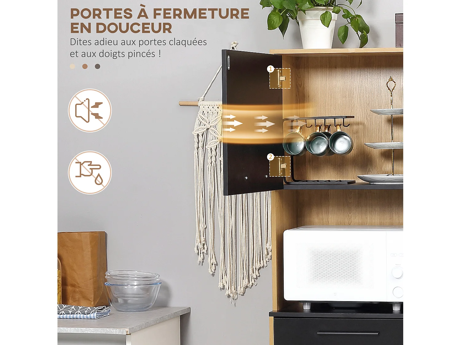 Buffet haut multi-rangement 3 portes tiroir 5 niches bicolore aspect bois clair noir