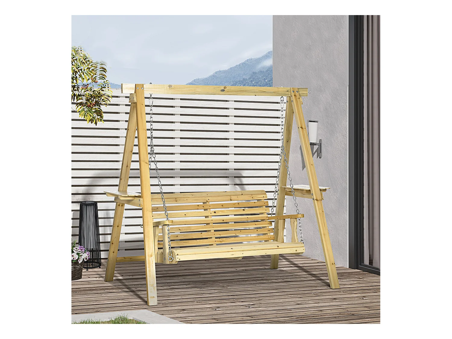 Balancelle de jardin 2 places en bois hauteur réglable - 196 x 120 x 171 cm