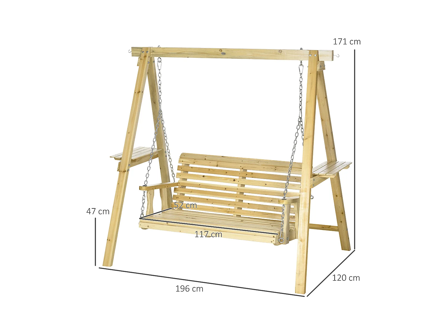 Balancelle de jardin 2 places en bois hauteur réglable - 196 x 120 x 171 cm
