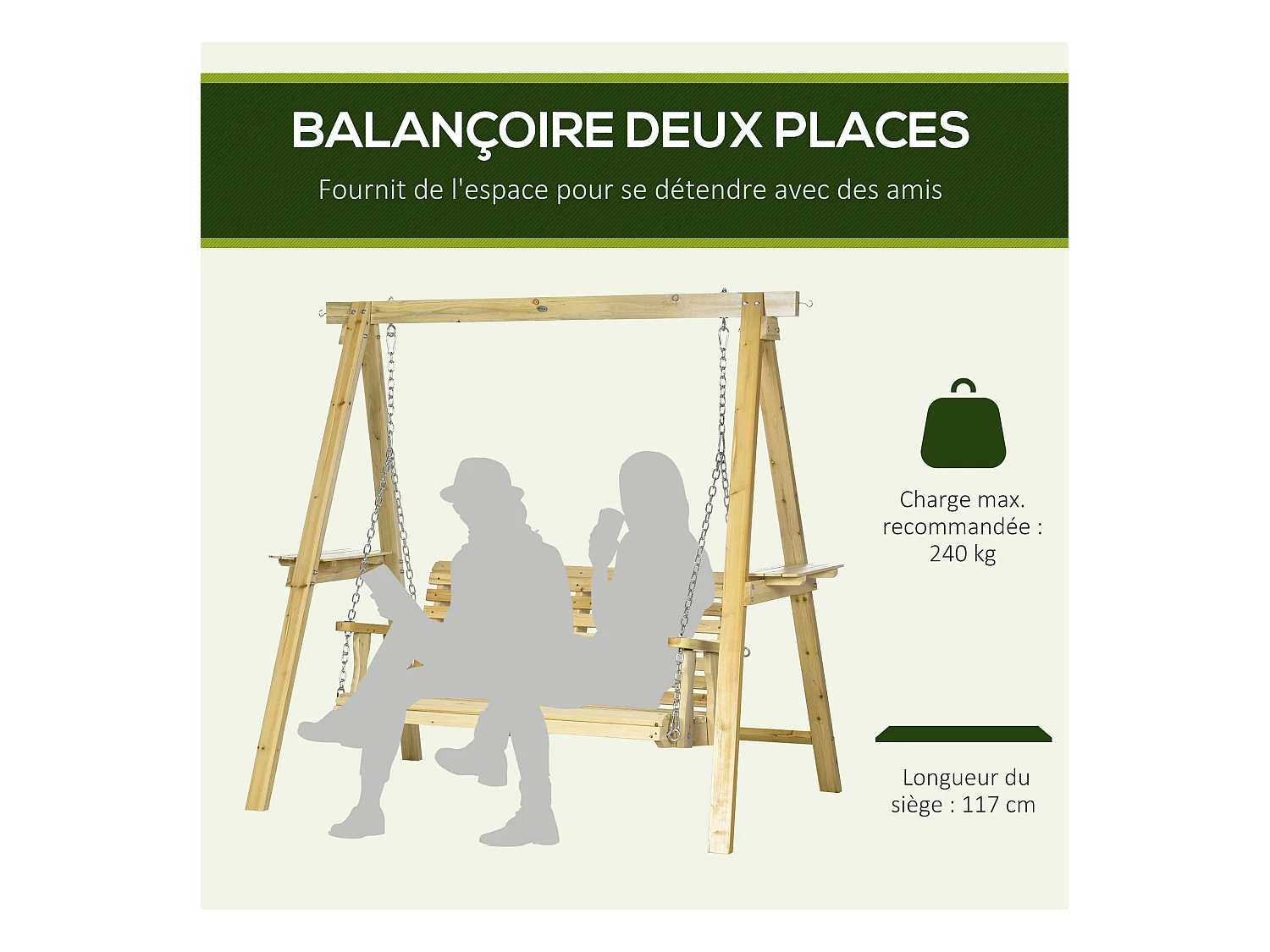 Balancelle de jardin 2 places en bois hauteur réglable - 196 x 120 x 171 cm