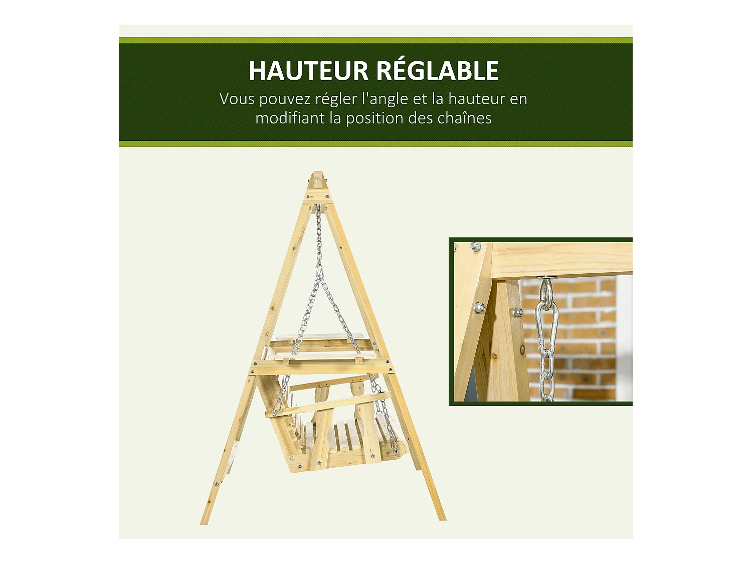 Balancelle de jardin 2 places en bois hauteur réglable - 196 x 120 x 171 cm