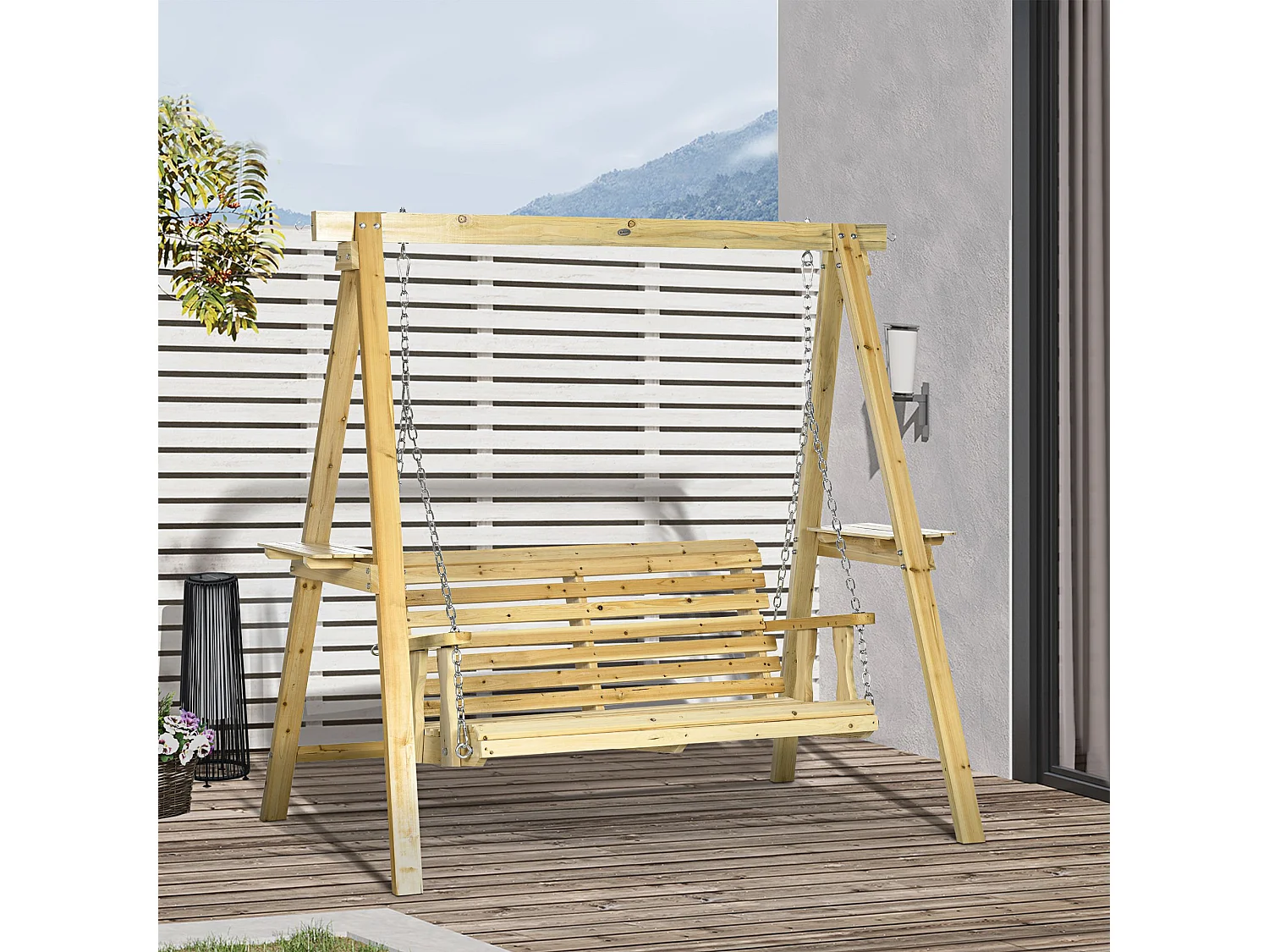 Balancelle de jardin 2 places en bois hauteur réglable - 196 x 120 x 171 cm