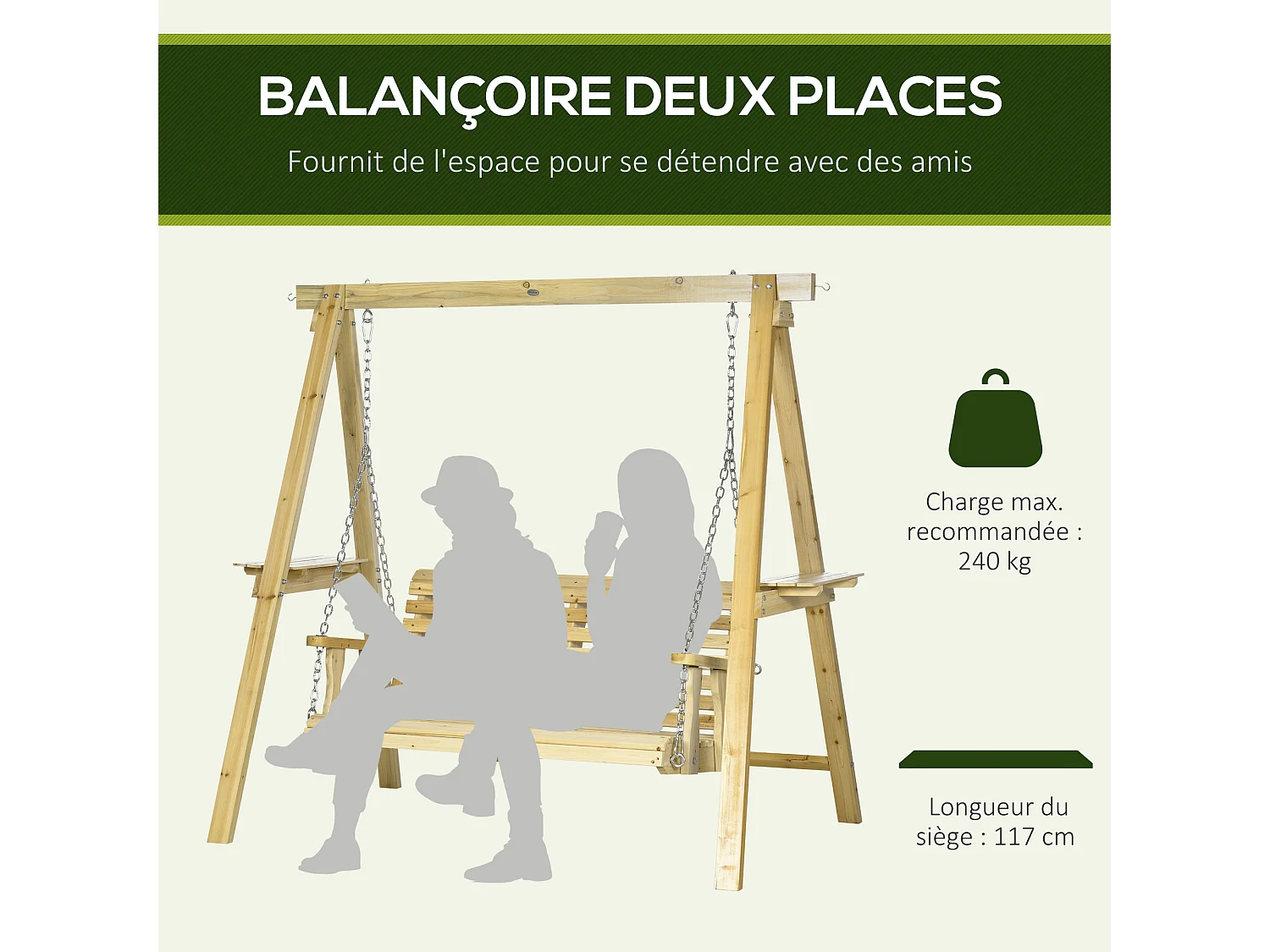 Balancelle de jardin 2 places en bois hauteur réglable - 196 x 120 x 171 cm