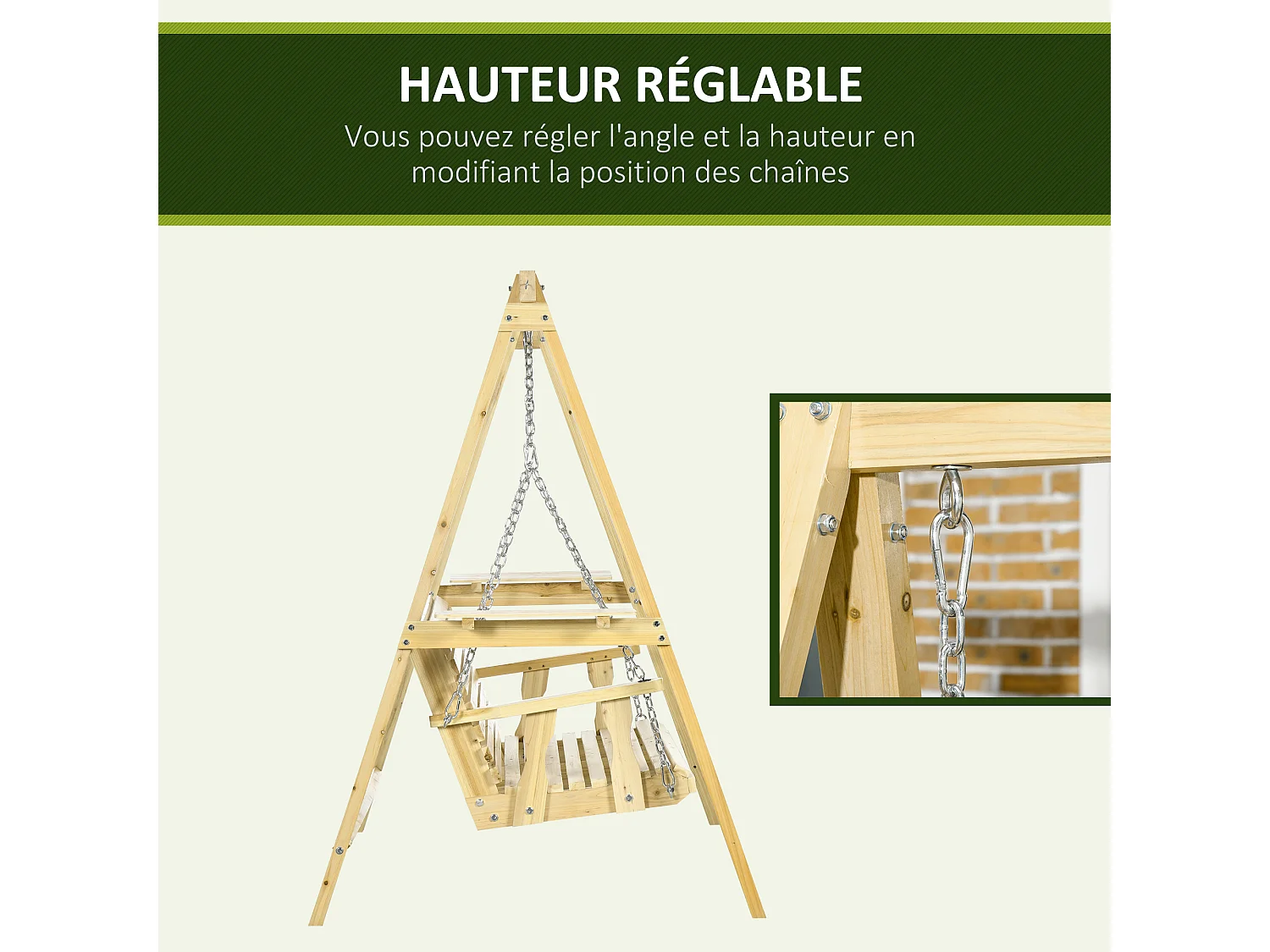 Balancelle de jardin 2 places en bois hauteur réglable - 196 x 120 x 171 cm